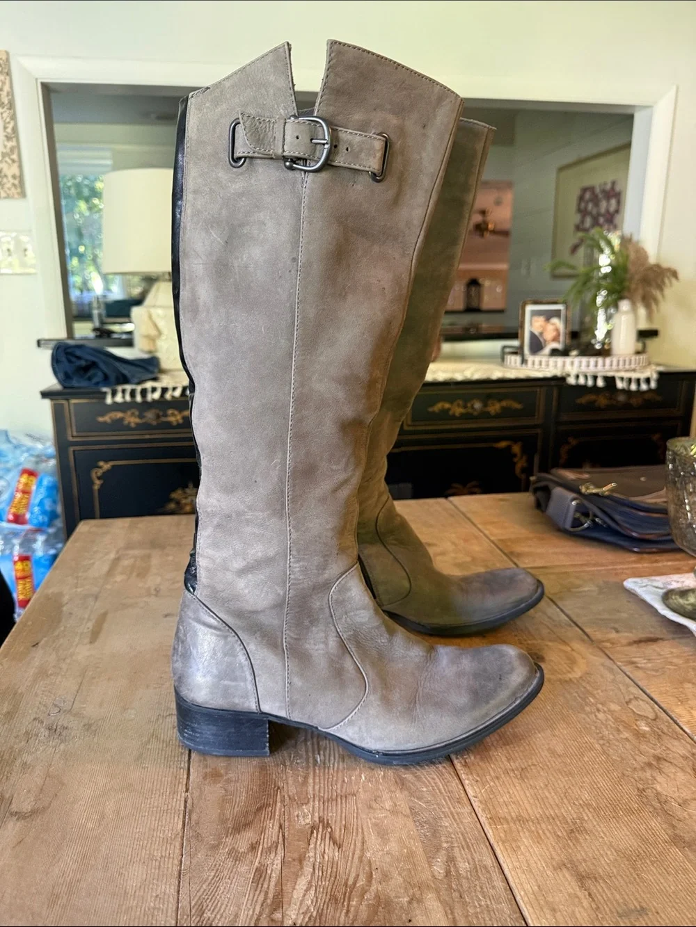 Women's Tall Taupe Riding Boots with Buckle Accent